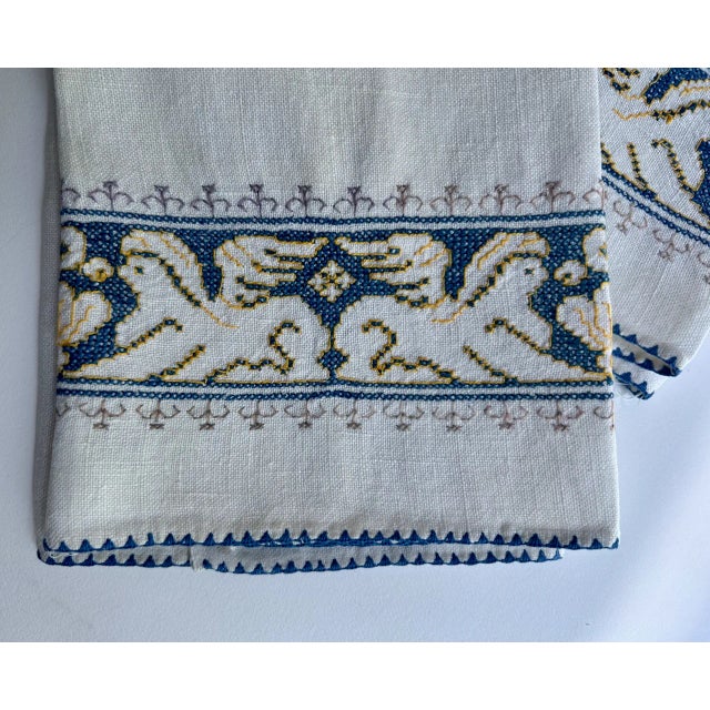 Mid 20th Century Vintage Pair Embroidered Blue & White Linen "Griffin" Hand Towels For Sale - Image 5 of 12