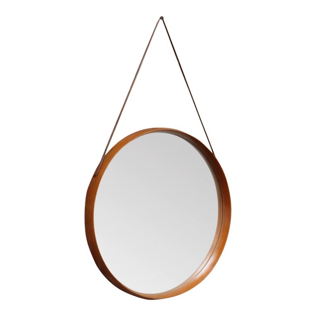 Vintage Italian Round Maple Wall Mirror With Original Leather Strap For Sale