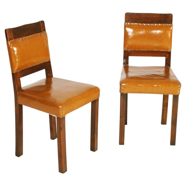 Set of Art Deco Walnut & Leather Side Chairs, 1920s For Sale - Image 3 of 9
