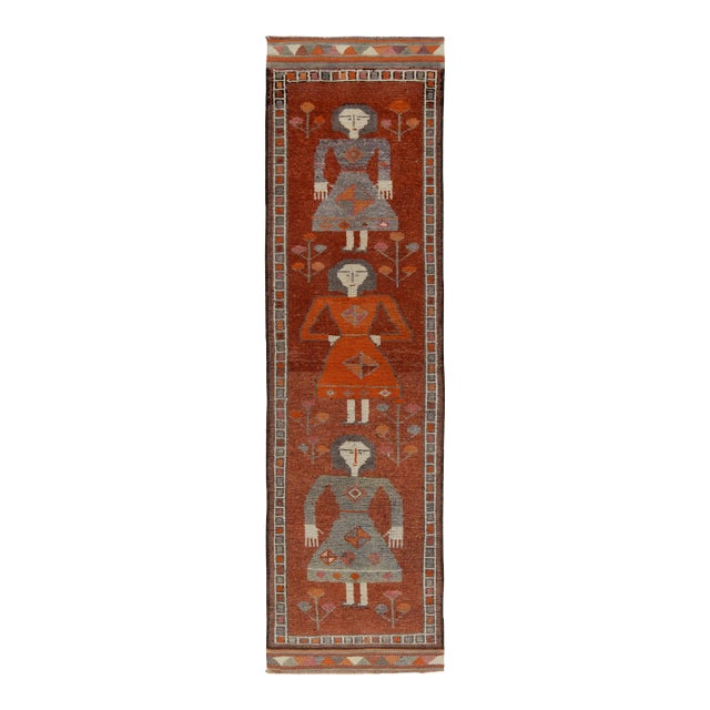 1950s Vintage Tribal Runner in Rust, Orange and Gray Pictorials, Geometric For Sale