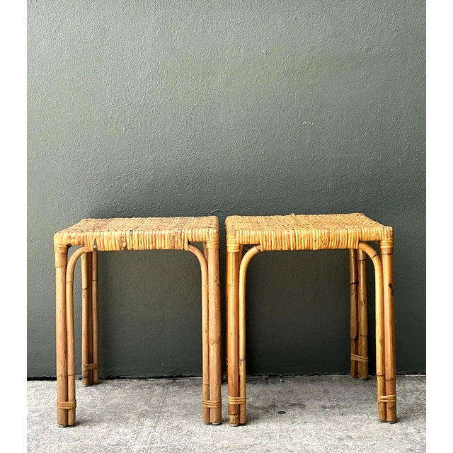 Mid 20th Century Vintage Woven Rattan Side Tables - Pair For Sale - Image 5 of 16