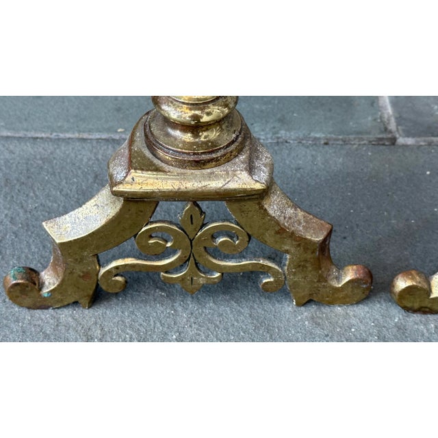 Mid 20th Century Pair of French Style Brass Andirons With Fleur De Lis For Sale - Image 5 of 11