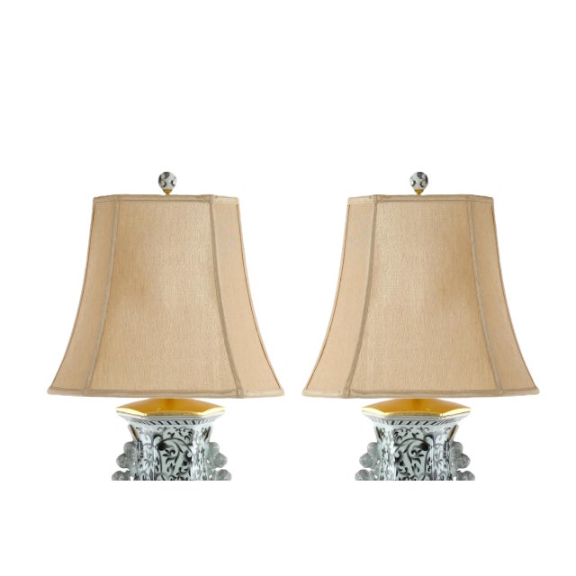 Beautifully hand painted and decorated large glazed tapestry porcelain pair table lamps. Each lamp features an hand...