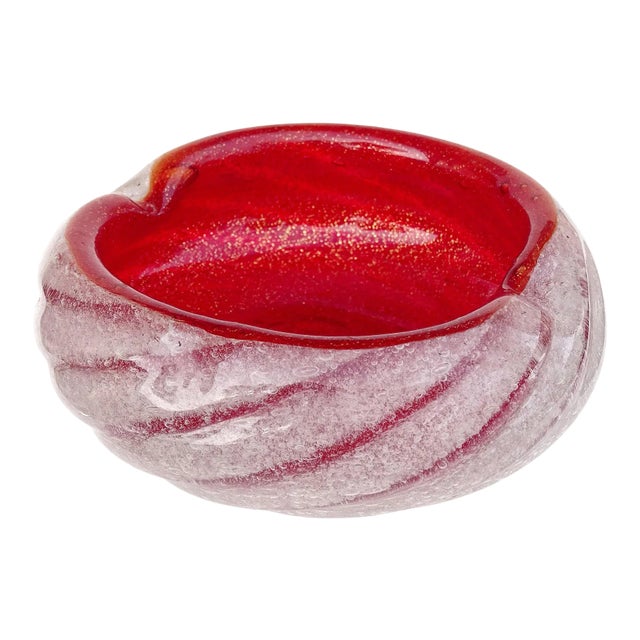 Vintage Murano Seguso Vetri d'Arte Gold Flecks Red Pulegoso Technique Italian Art Glass Ashtray Bowl For Sale