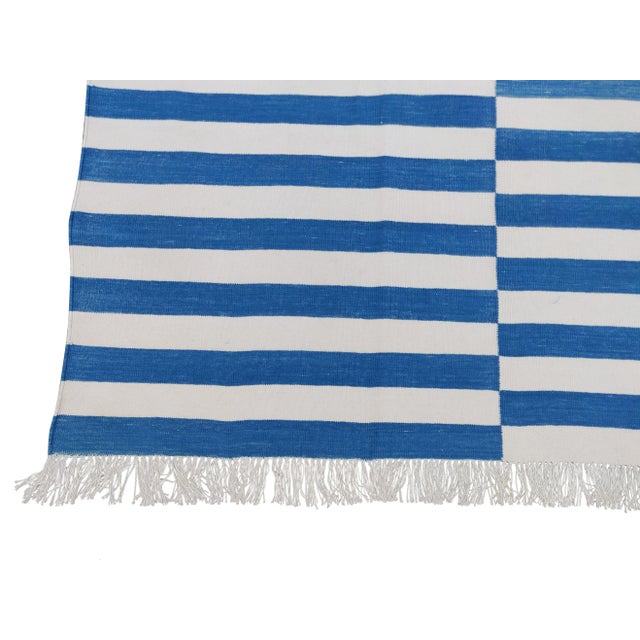 Handmade Sky Blue and White Cotton Vegetable Dyed Striped Rug - 10'x14' For Sale - Image 10 of 10