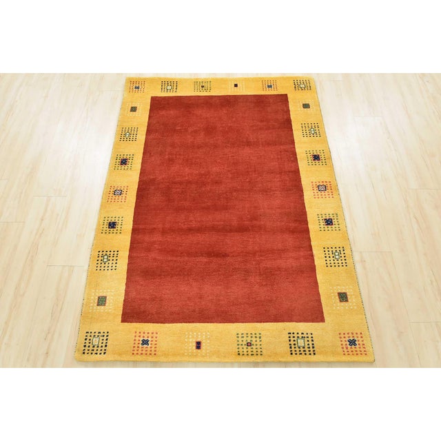 Contemporary Gabbeh Rug 4’2” X 5’8” Red Wool Contemporary Hand-Knotted Oriental Carpet For Sale - Image 3 of 12
