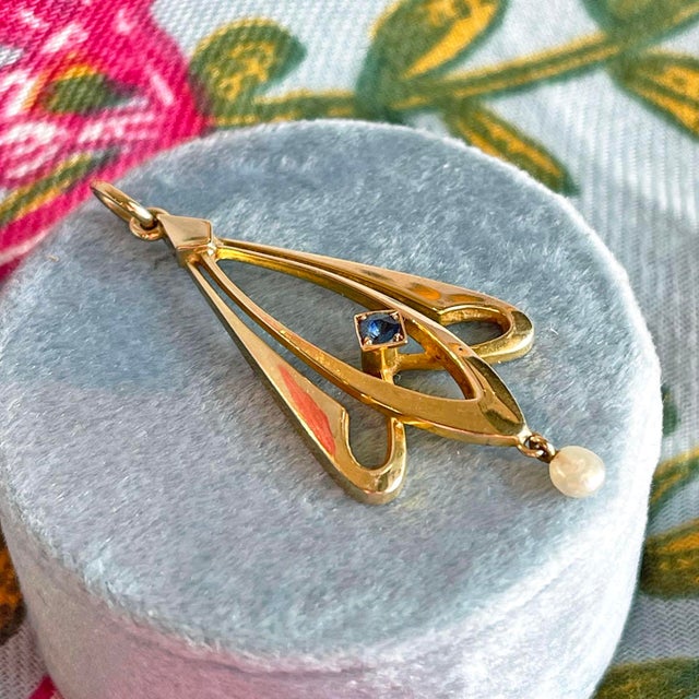 Art Nouveau Antique Art Nouveau Pendant, Sapphire & Pearl Drop , C. 1910 For Sale - Image 3 of 8