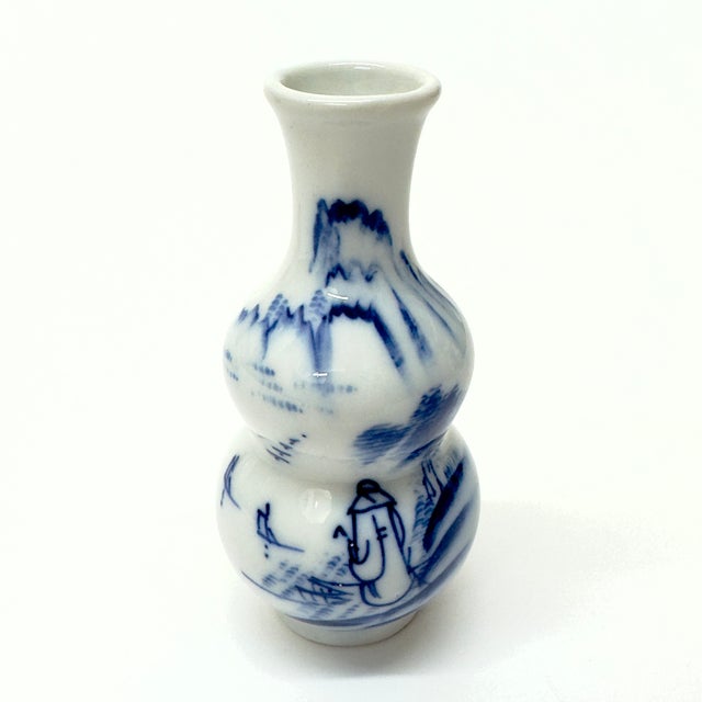 Mid 20th Century Blue & White Illustrative Hand Painted Petite Bud Vases - Set of 6 For Sale - Image 5 of 8