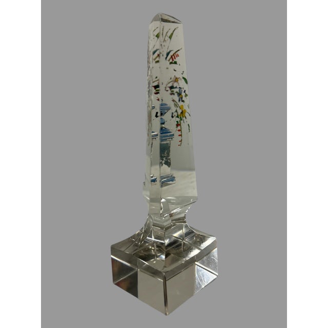 Antique Cut Glass Obelisk Paperweight With Hand Painted Floral & Urn Decor For Sale - Image 6 of 11