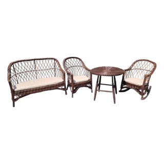1940s Heywood Wakerfield Wicker Set of Four Childrens Chairs and Table Set, 4 Pieces For Sale