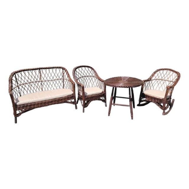 1940s Heywood Wakerfield Wicker Set of Four Childrens Chairs and Table Set, 4 Pieces For Sale