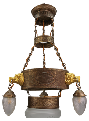 German Art Deco Metal and Frosted Glass Chandelier with Dog Heads, 1930s
