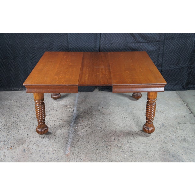 Antique American Arts & Crafts Quartersawn Oak Barley Twist Dining Table Extends For Sale - Image 17 of 18