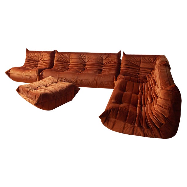 Amber Orange Velvet Togo Living Room Set by Michel Ducaroy for Ligne Roset, Set of 5 For Sale