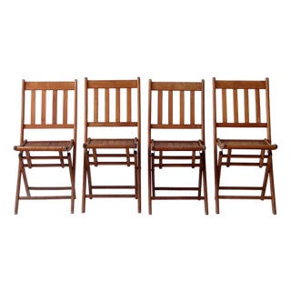 Antique Slat Wood Folding Chairs Set 4 For Sale