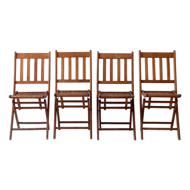 Antique Slat Wood Folding Chairs Set 4 For Sale