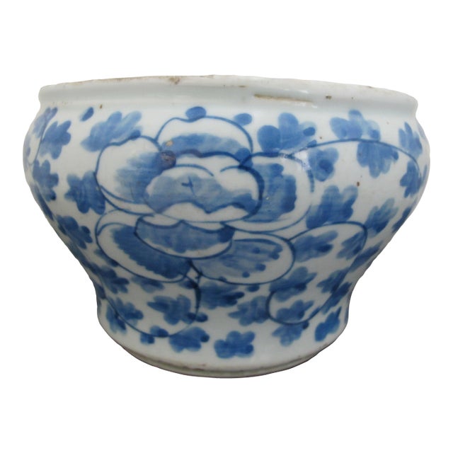 Chinese Blue Porcelain Peonies Scroll Cache Spittoon Planter Pot Bowl For Sale