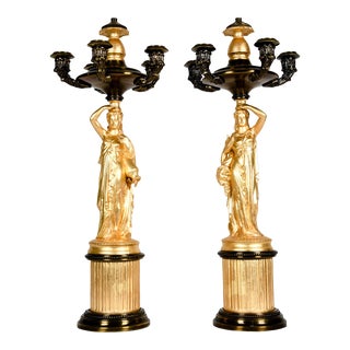 Antique French Five Arms Bronze and Porcelain Candelabras - a Pair For Sale