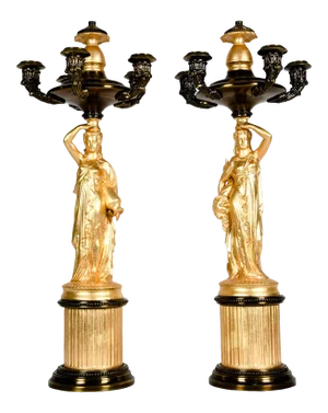 Antique French Five Arms Bronze and Porcelain Candelabras - a Pair
