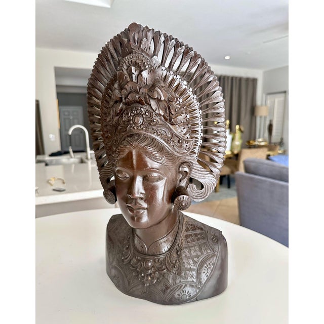 Large Vintage Bali Indonesian Hand Carved Wood Woman For Sale - Image 4 of 11
