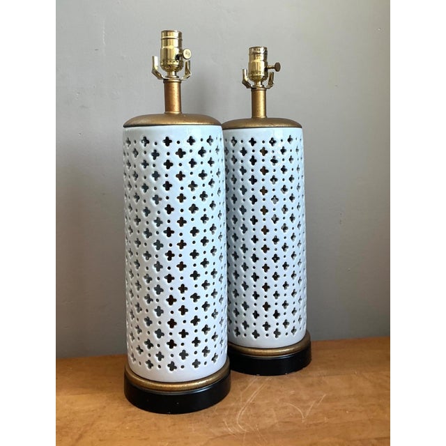 Mid-Century Modern Vintage Perforated Ceramic Table Lamps - Pair For Sale - Image 3 of 13