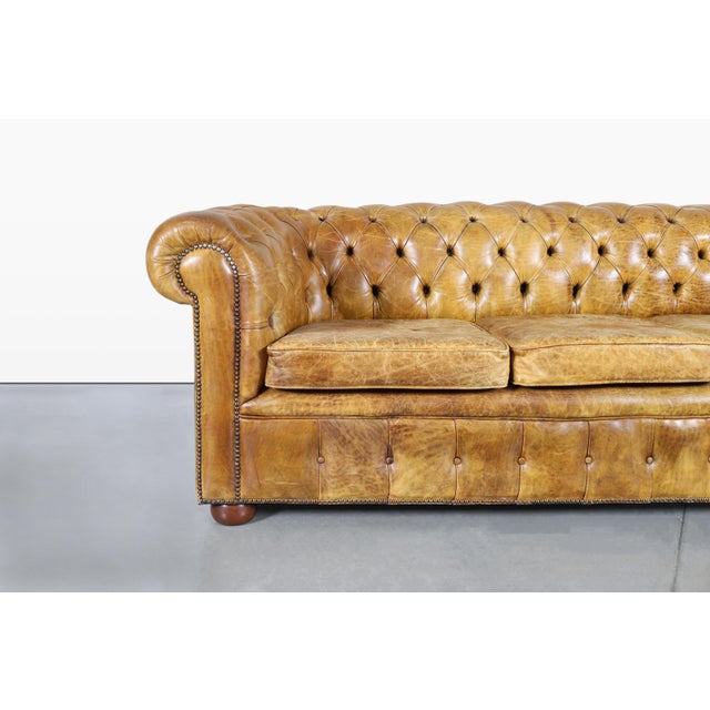 Wood Vintage English Leather Chesterfield Sofa For Sale - Image 7 of 11