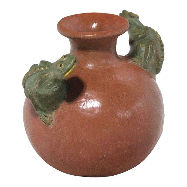 Unique Red Clay Terracotta, Folk Art Pot W/ Frog Handles For Sale