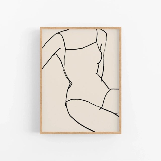 Woman figure open edition giclee print. 20"x28" Elegant female silhouette black lines thin lines drawing on beige...