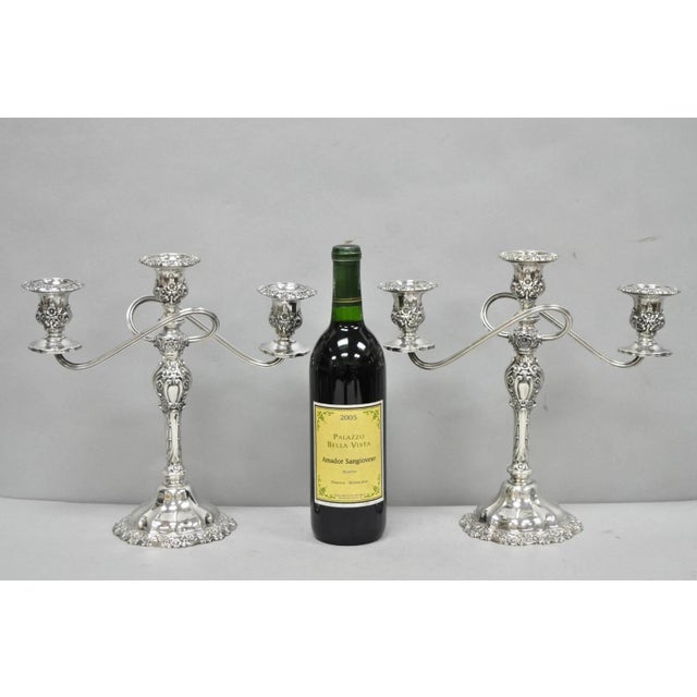 Vintage International Silver Co. Countess Silver Plated 3 Arm Candelabra - Pair. Circa Mid 20th Century. Measurements:...