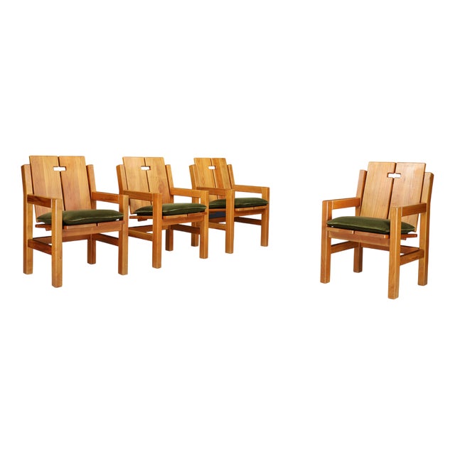 Mid-Century Modern Elm Armchair with Green Velvet Upholstery, France, 1970s For Sale