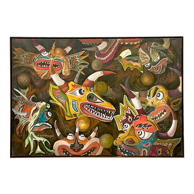 Vintage Boho Original Abstract Figurative Oil Painting on Canvas For Sale