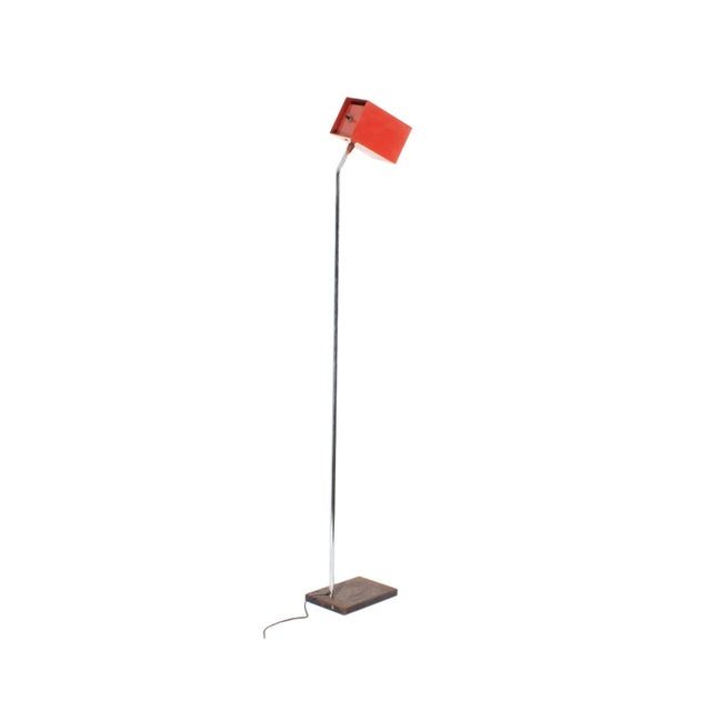 A chrome red box shade floor lamp designed by Robert Sonneman (born 1943) for George Kovacs. This lamp features a...
