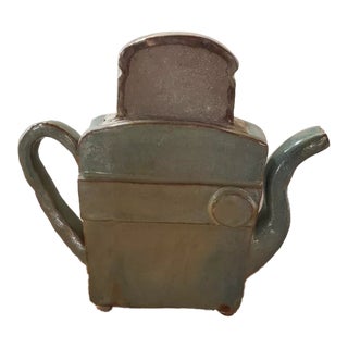 Late 20th Century Heavy Green Glazed Art Pottery Teapot Shaped Toaster With Slice of Toast Lid For Sale
