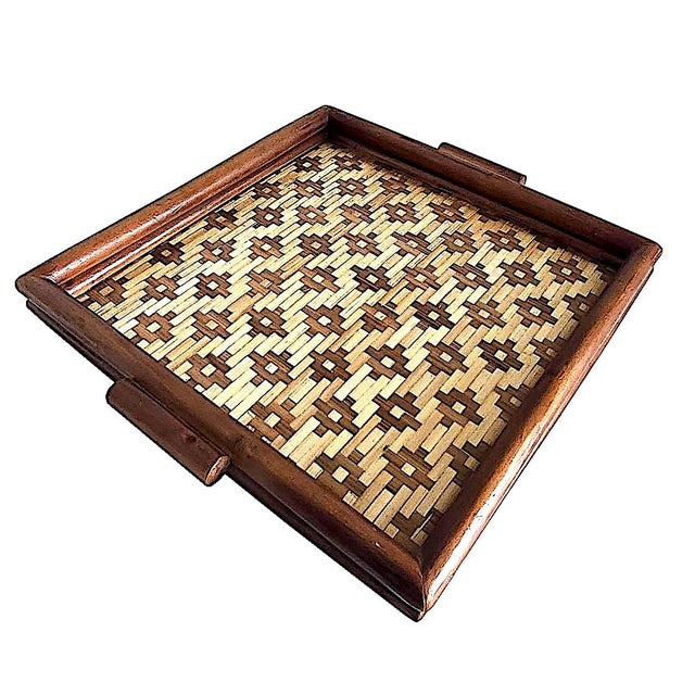 1980s Vintage Square Diamond Weave Bamboo Tray For Sale - Image 5 of 10