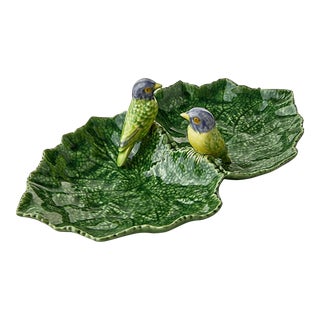 Bordallo Pinheiro Double Leaf With Blue Birds Serving Dish For Sale