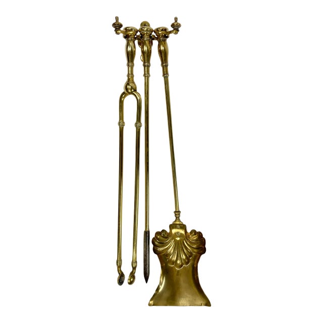 Vintage Brass Wall Mount Fireplace Tools, S/3 For Sale