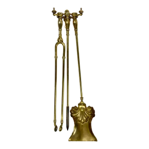 Vintage Brass Wall Mount Fireplace Tools, S/3