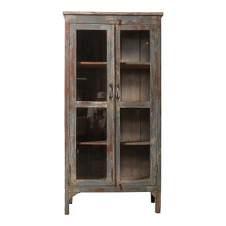 Distressed Glass-Front Cabinet With Weathered Blue Finish For Sale
