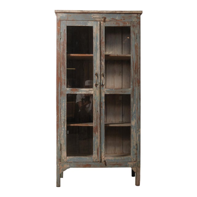 Distressed Glass-Front Cabinet With Weathered Blue Finish For Sale