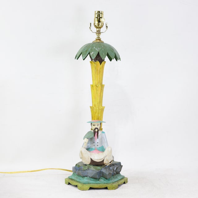 Metal Vintage Hand-Painted Chinoiserie Tole Palm Tree and Figurine Table Lamps - a Pair For Sale - Image 7 of 13