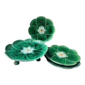 Set of 3 English Majolica Pottery Low Compote and Plates Lily Pads & Herons, C. 1870-1880