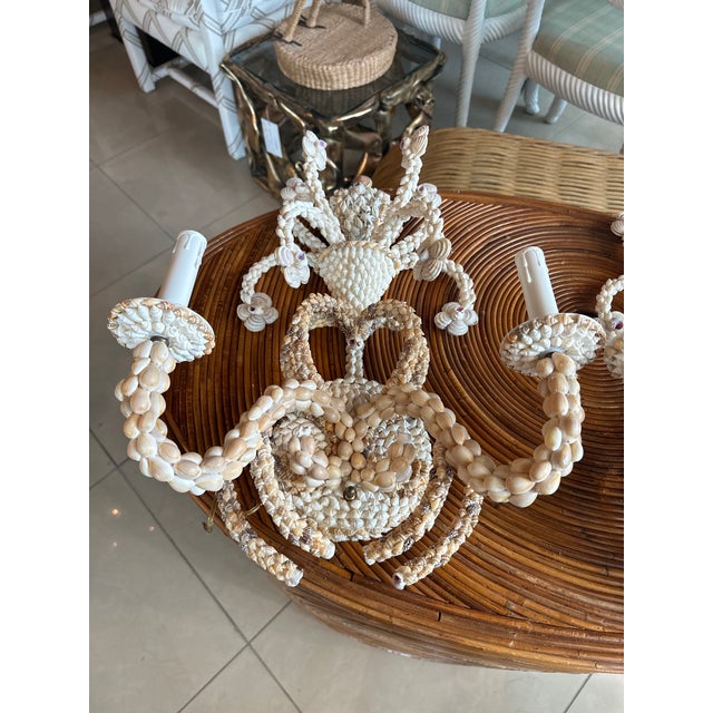 Cream Vintage Palm Beach Pair of Seashell Shell Encrusted Sconce Wall Lights For Sale - Image 8 of 12