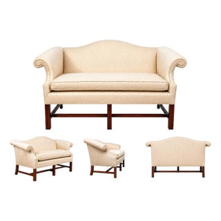 Refined Chippendale Camelback Loveseat in Sophisticated Neutral Damask For Sale