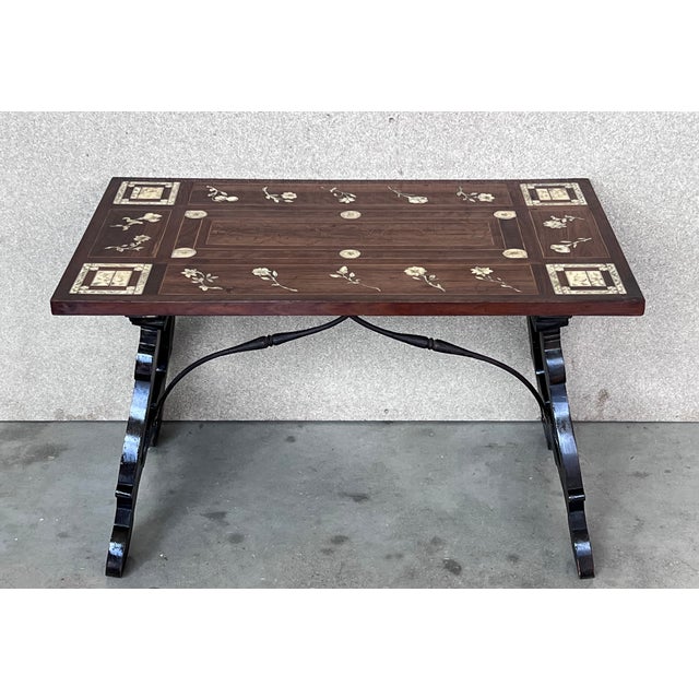 Brown 19th Century Baroque Spanish Side Table With Marquetry Top and Iron Stretcher For Sale - Image 8 of 11