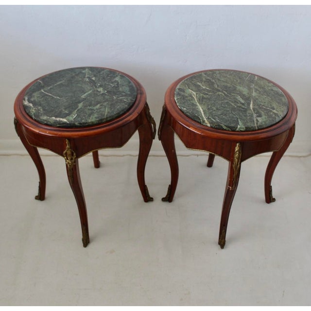Late 20th Century French Louis XV Style Occasional Side Tables Feature Green Marble Tops, Non-Identical-a Pair For Sale - Image 9 of 18