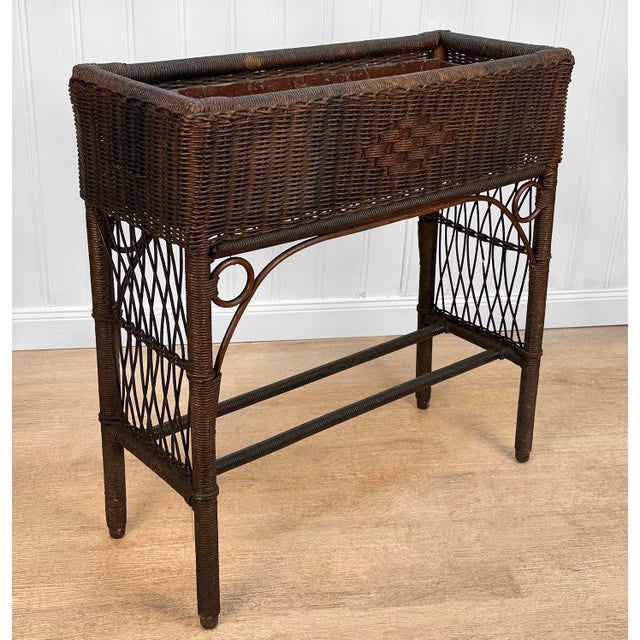 Antique Victorian Wicker Window Box Plant Stand With Insert For Sale - Image 4 of 13