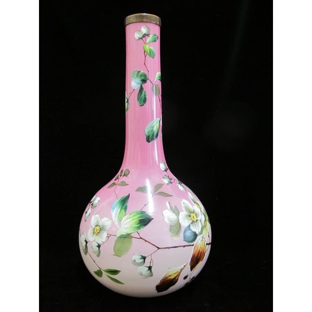 Glass Victorian Harrach Enameled Flower Opaline Pink Cased Glass 17" Bohemian Vase For Sale - Image 7 of 11