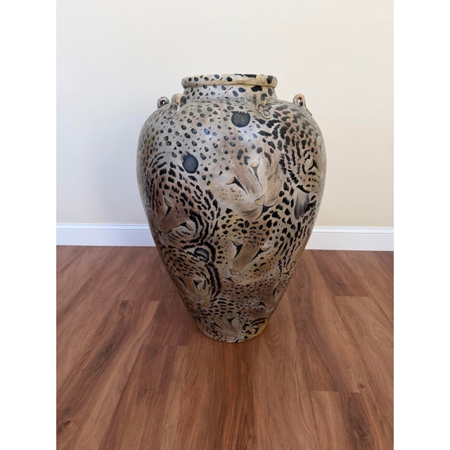 Statement-scale 20th century ceramic urn / floor vase featuring a dramatic hand-painted big-cat motif (cheetah/leopard...