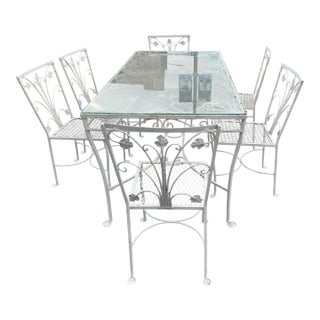 Mid 20th Century Grape Leaf & Vine Wrought Iron Outdoor Patio Table W/Glass Top & 6 Mesh Seat Chairs For Sale