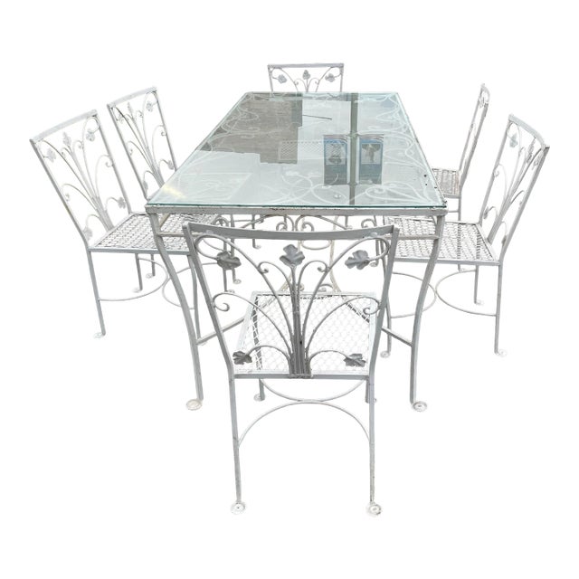 Mid 20th Century Grape Leaf & Vine Wrought Iron Outdoor Patio Table W/Glass Top & 6 Mesh Seat Chairs For Sale